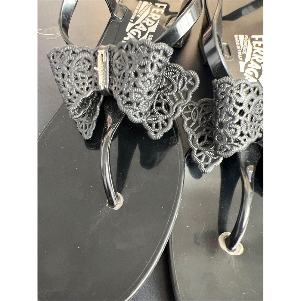 Salvatore Ferragamo Black Patent T-Strap Sandals with Floral Appliqué - Picture 5 of 6